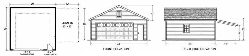 Floor plan with front and right side elevations for the 24-foot by 24-foot garage with a 12-foot by 12-foot lean-to