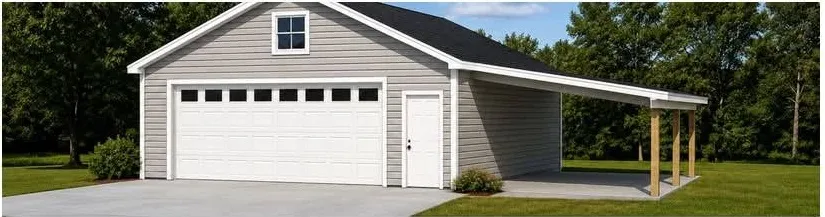 Detached garage with a 12-foot by 12-foot covered lean-to extending off the right side