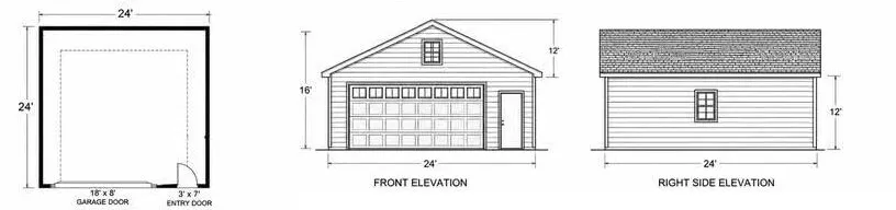 Floor plan with front and right side elevations for the 24-foot by 24-foot standard garage